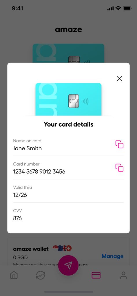 amaze card number with details in card info