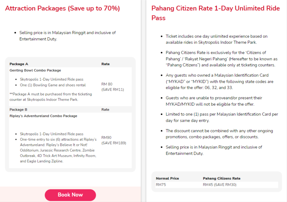Attraction Packages and Pahang Citizen Rate