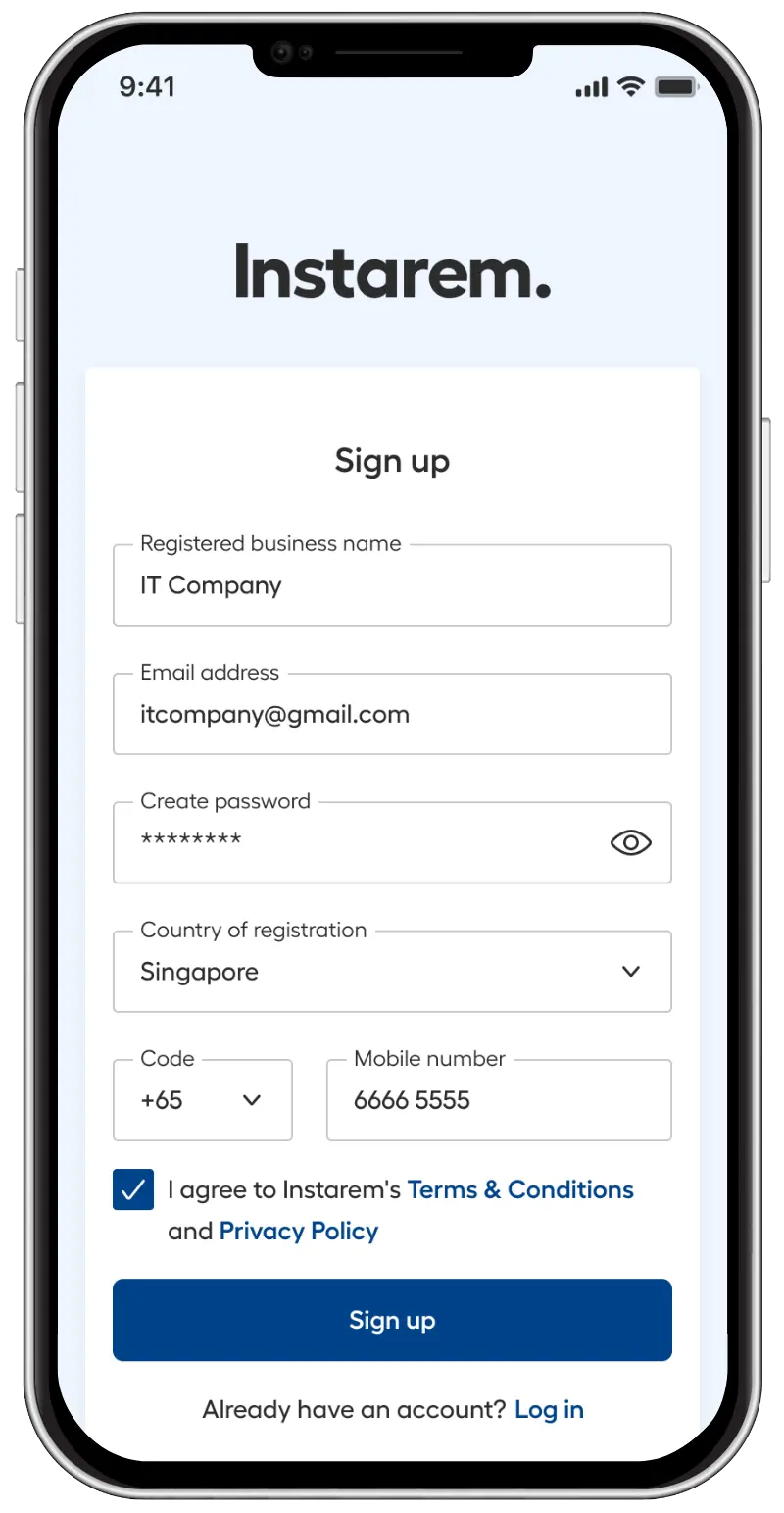 Sign up web screenshot on mobile