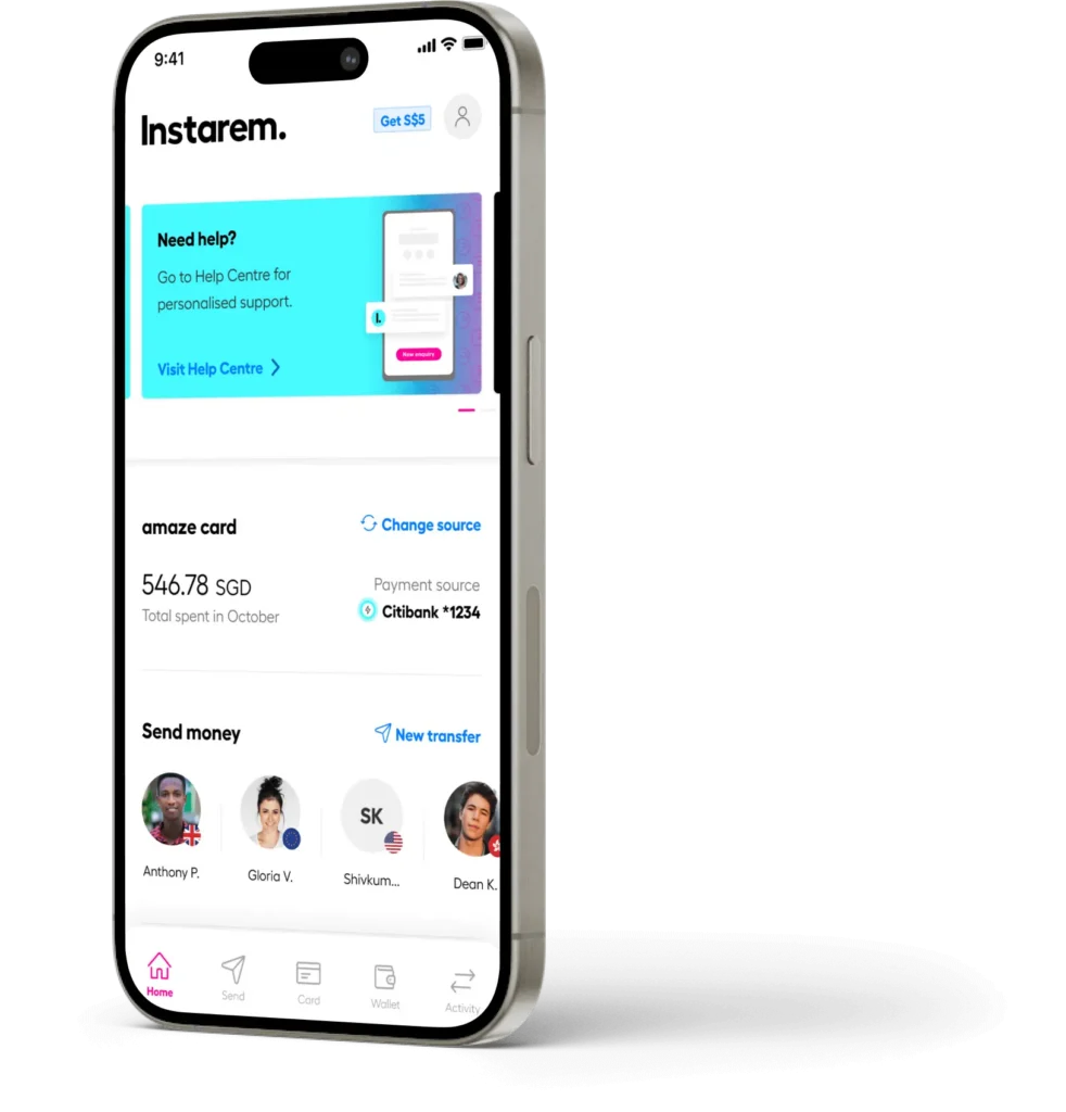 Mobile app screen showing Instarem with a blue Help banner and payment section visible on a smartphone.