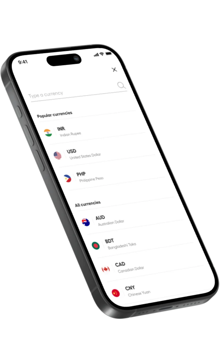 Smartphone screen showing a currency app with a list of popular currencies (INR, USD, PHP) and country names