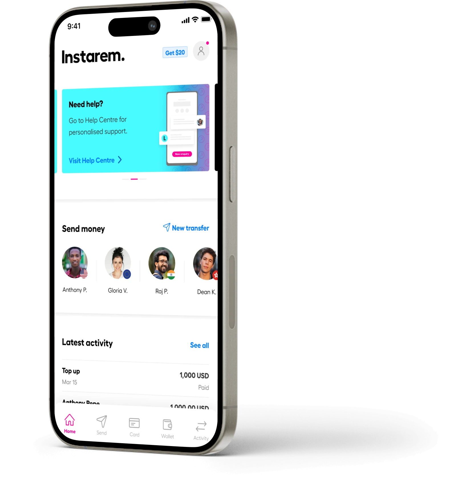 Instarem app home screen on a smartphone, showing hero banner, navigation bar, and 'Send money' section with user avatars below.